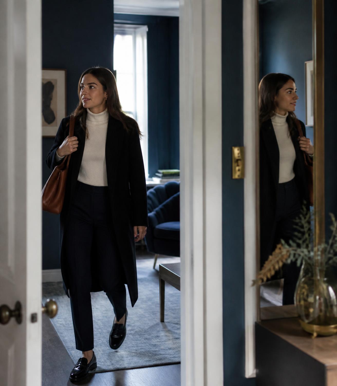 A professional walking through a doorway, her reflection visible in a mirror alongside her