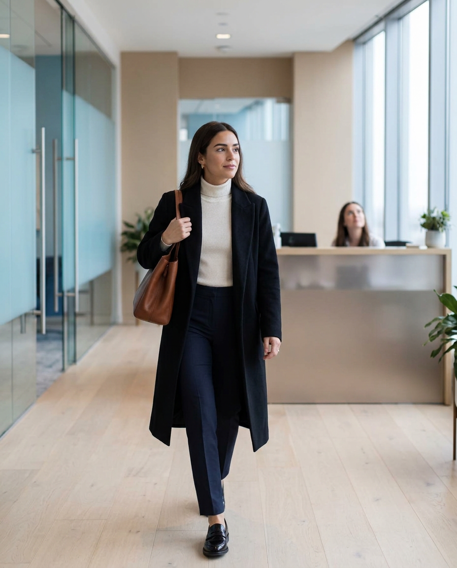 A professional walking into a new office on her first day, a softly blurred reception desk ahead of her