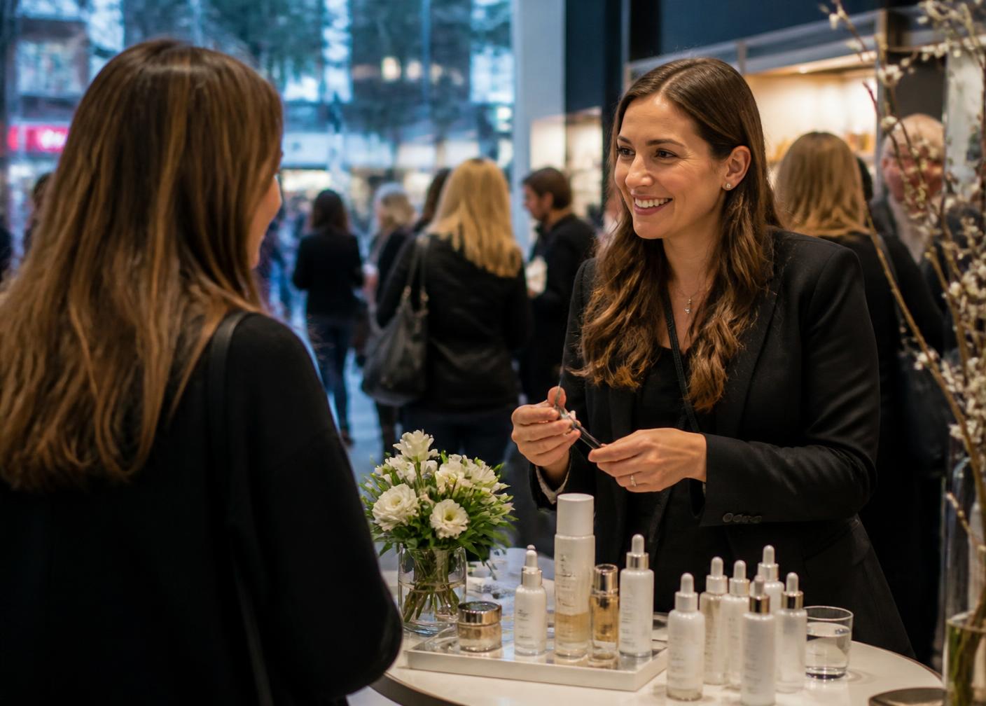 A brand representative in conversation with a customer at a product table inside a busy retail space