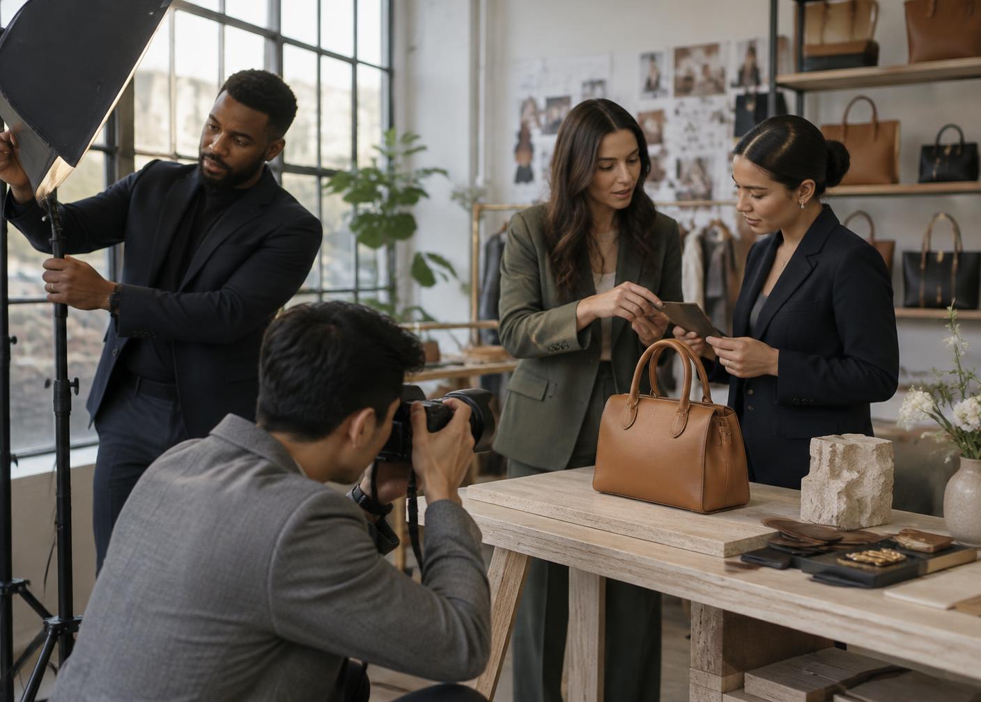A professional team photographing an accessories brand while collaborating with its founder