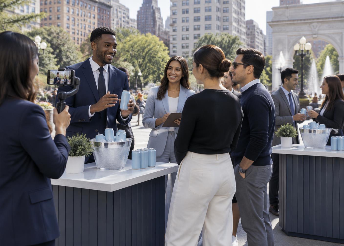 Media sales professionals filming social content and engaging customers at an outdoor New York brand promotion