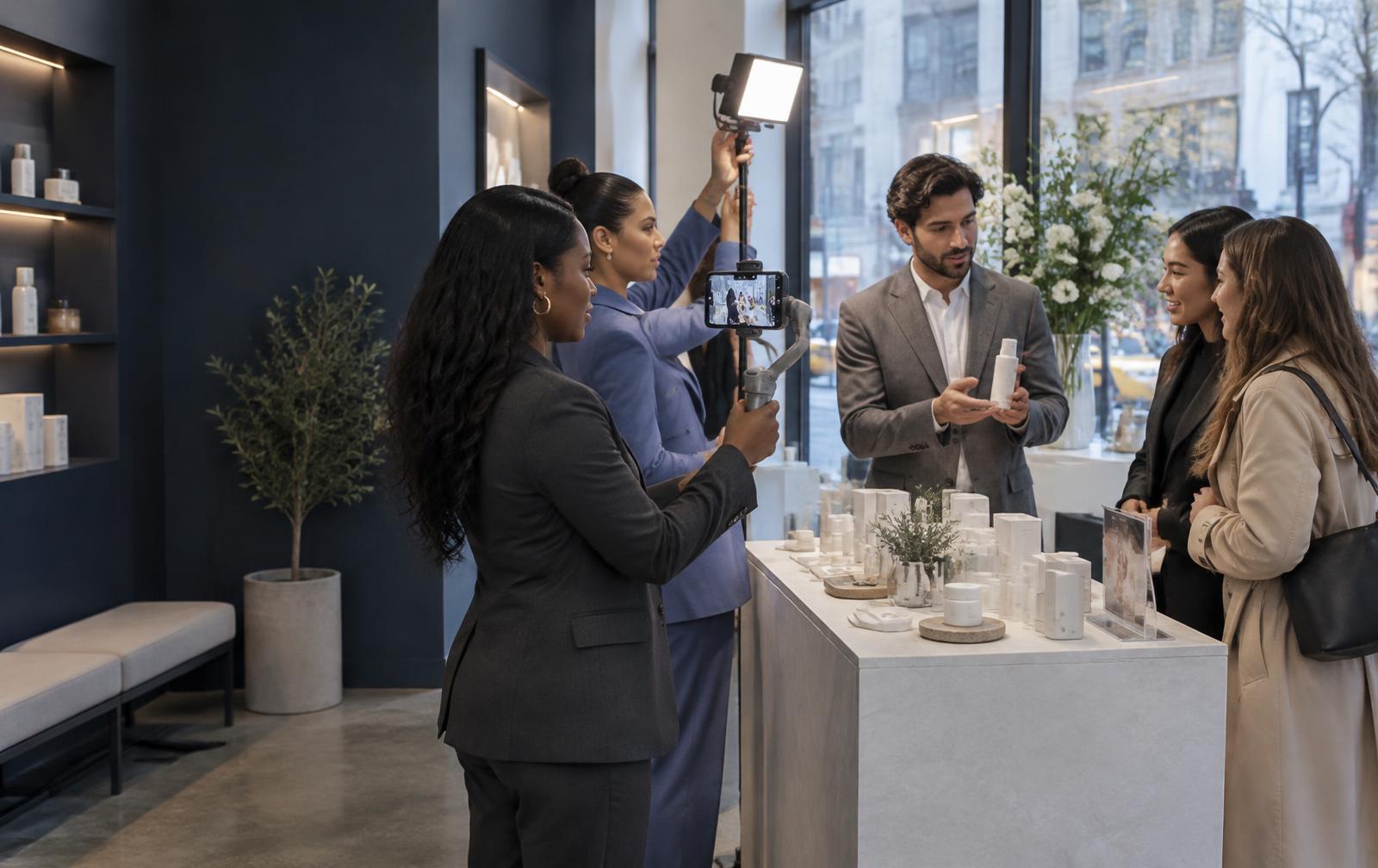 A professional media sales team capturing social content during a skincare brand demonstration in a New York boutique