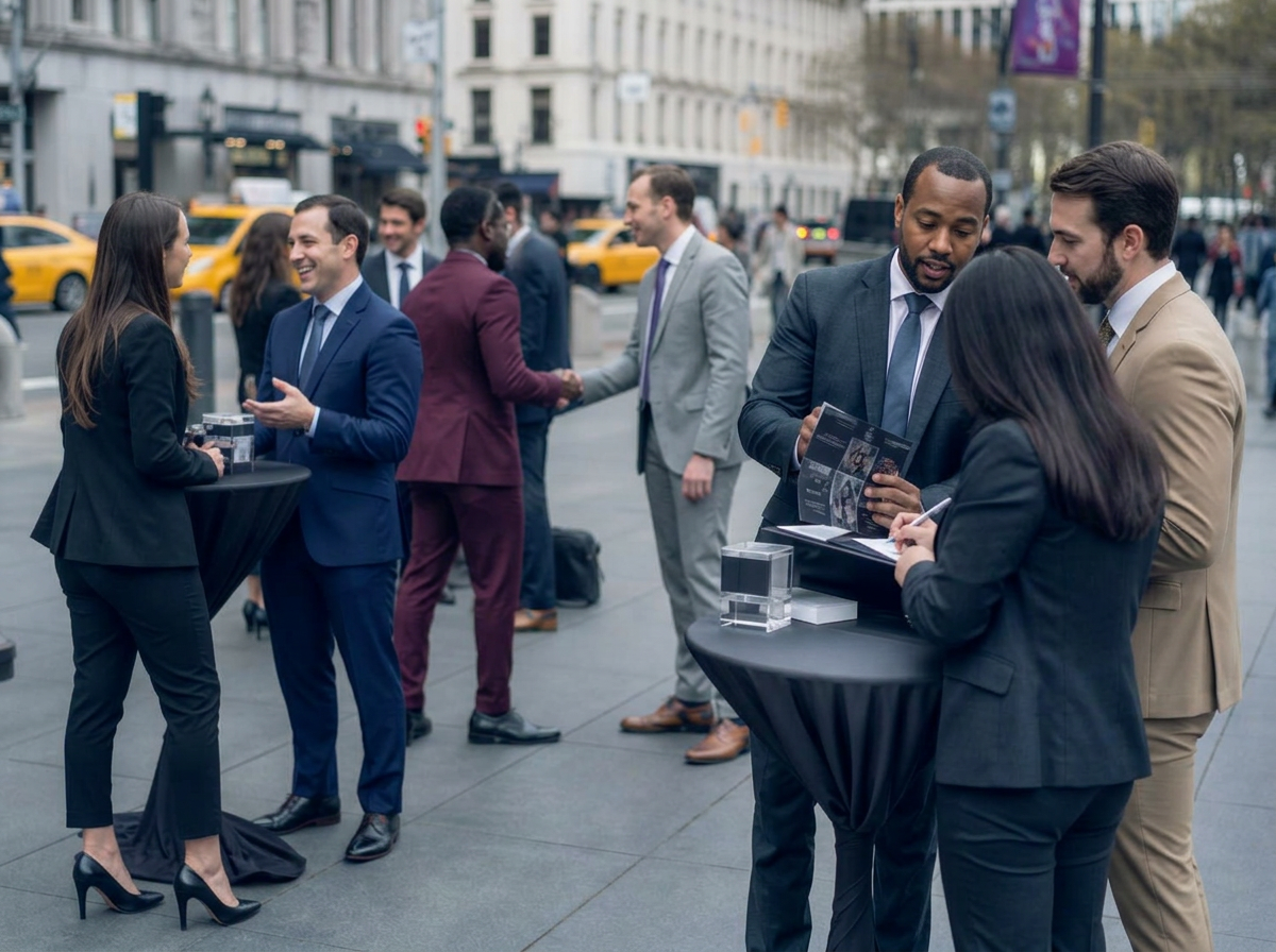 A team in professional suits networking and making sales at an outdoor brand event in New York City
