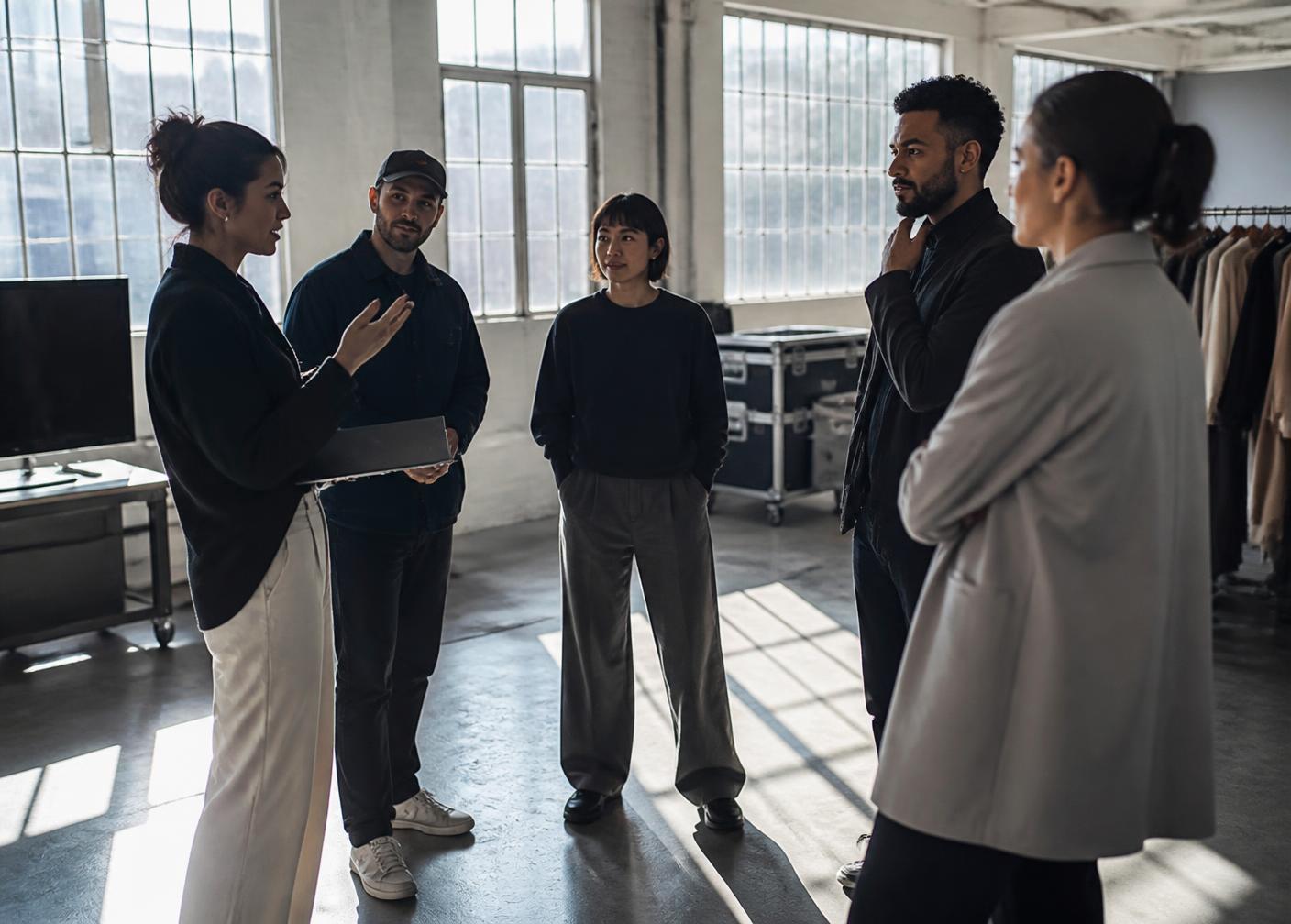 A team briefing before a brand activation in a New York loft space, natural light and long shadows